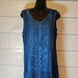 RAYA SUN Dress Ladies Medium Sleeveless Tie Back Denim Look Cotton Embroidered